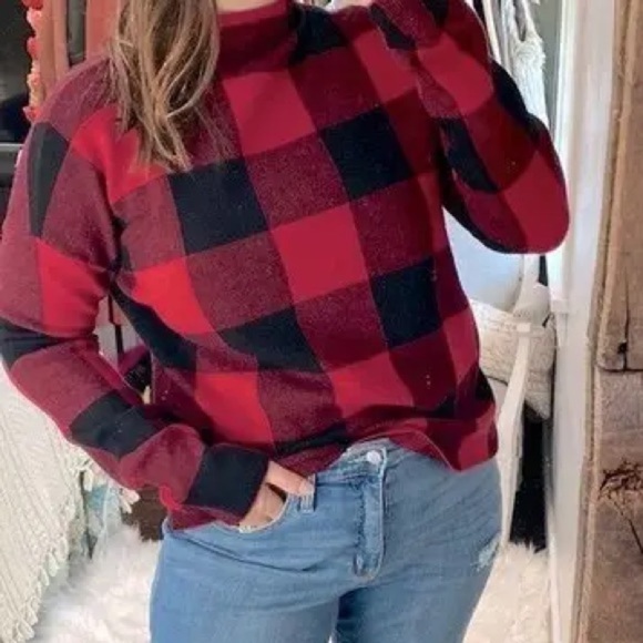 Tahari mock neck sweater Red Black Buffalo check Plaid Sweater cabin size large - Picture 1 of 6
